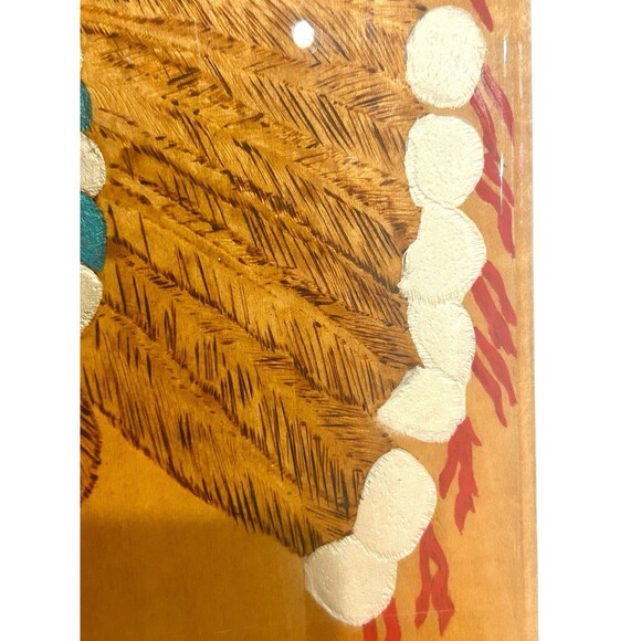 Vtg Native American Wood Burning Painting Head Dress Signed Heavy Lacquer 1991 - Picture 3 of 10